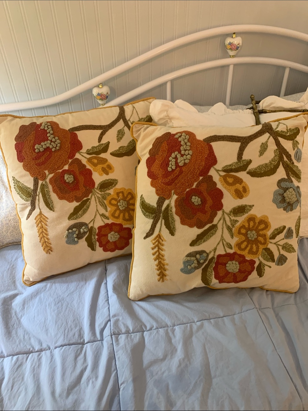 Embroidered Floral Accent Pillow Pair - Cream with Rust and Mustard